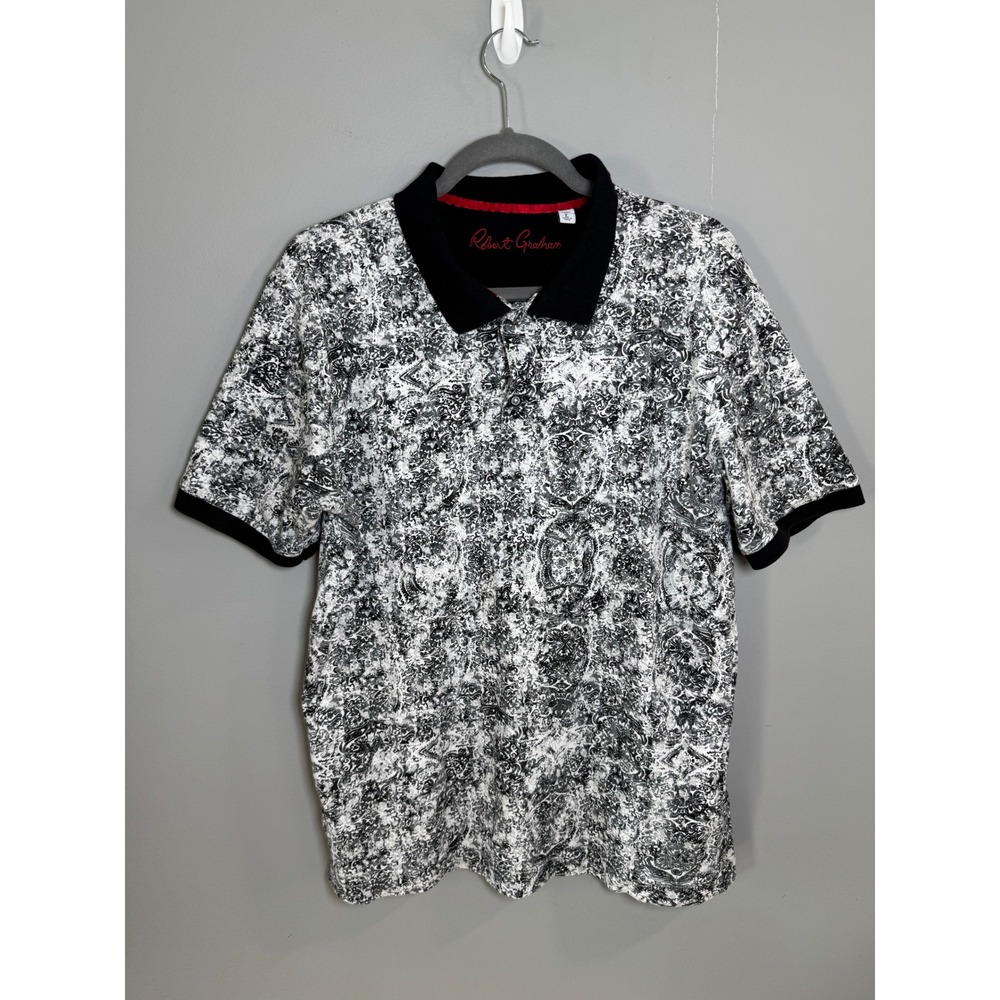 Robert Graham Mens Classic Fit Polo Shirt Black White Ornate Damask Cotton‎ L